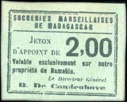 Jeton d'appoint de 2,00 francs des Sucreries Marseillaises de Madagascar