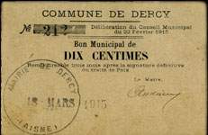 Bon Municipal de 10 centimes de la Commune de Dercy - Dlibration du Conseil Municipal du 22 fvrier 1915 - face
