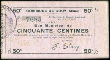 Billet de la Commune de Gouy (Aisne) - Bon Municipal de 50 centimes n� 7685 - face
