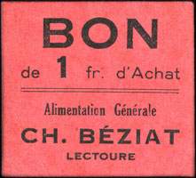 Bon de 1 franc d'Achat - Alimentation gnrale Ch. Bziat  Lectoure - face