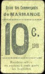 Bon de 10 centimes 1918 - Union des Commerçants de Marmande - carton mince - Marmande (Lot-et-Garonne - 47) - face