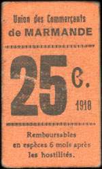 Bon de 25 centimes 1918 - Union des Commerçants de Marmande - carton mince - Marmande (Lot-et-Garonne - 47) - face