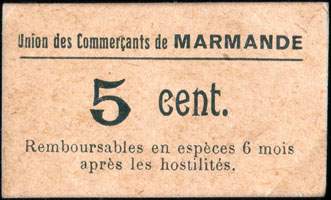 Bon de 5 centimes - Union des Commerçants de Marmande - Marmande (Lot-et-Garonne - 47) - face