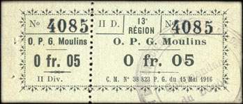 Bon de nécessité de Moulins - O. P. G. (Officiers Prisonniers de Guerre) - C. M. N° 38 823 P. G. du 15 Mai 1916 - n° 4085 - 5 centimes (avec talon)  - face