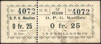 Bon de nécessité de Moulins - O. P. G. (Officiers Prisonniers de Guerre) - C. M. N° 38 823 P. G. du 15 Mai 1916 - n° 4072 - 25 centimes (avec talon)  - face