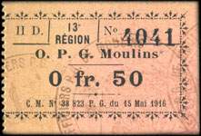 Bon de nécessité de Moulins - O. P. G. (Officiers Prisonniers de Guerre) - C. M. N° 38 823 P. G. du 15 Mai 1916 - n° 4041 - 50 centimes (avec talon)  - face