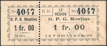 Bon de nécessité de Moulins - O. P. G. (Officiers Prisonniers de Guerre) - C. M. N° 38 823 P. G. du 15 Mai 1916 - n° 4047 - 1 franc (avec talon)  - face