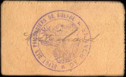 Bon de 1 franc - n� 1,792 - 13me R�gion - Prisonniers de Guerre - Cre Mlle N� 38 823 P. G. du 15 Mai 1916 - Roanne (Loire - 42) - dos