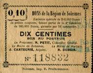 Bons de la R�gion de Solesmes (Nord - 59) - 10 centimes n� 118832 - 4�me �mission - �mission sp�ciale de 200.000 francs... - face
