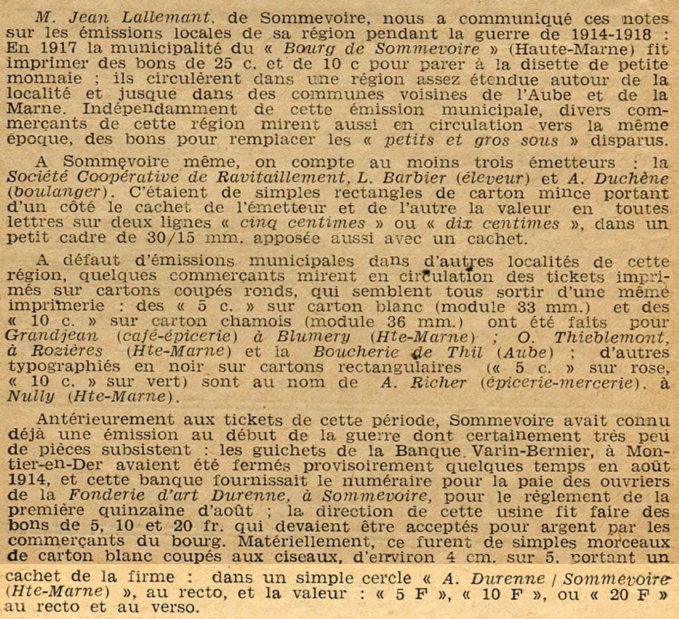 Description des bons des Grands Magasins du Louvre  dans le Bulletin n�9 de la Soci�t� Fran�aise de Numismatique de novembre 1953