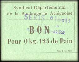 Bon pour 0 kg. 125 de Pain - Seris Alexis - Boulangerie - Syndicat Dpartemental de la Boulangerie Arigeoise - Tarascon-sur-Arige (Arige - 09) - face