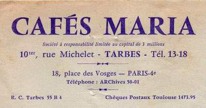 En-tête de facture des Cafés Maria au 10ter Rue Michelet à Tarbes