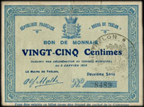 Bon de nécessité du Bourg de Trélon - Délibération du Conseil Municipal du 5 janvier 1915 - Deuxième série - Bon de monnaie de 25 centimes