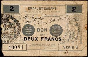 Bon de 2 francs - numro 40084 - srie 3 - Septembre 1914 - Emprunt Garanti par les Communes de l'Arrondissement de Valenciennes
