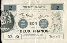 Bon de 2 francs - numro 52605 - srie 3 - Septembre 1914 - Emprunt Garanti par les Communes de l'Arrondissement de Valenciennes