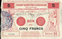 Bon de 5 francs - numro 93260 - srie 31 - Novembre 1917 - Emprunt Garanti par le Consortium des Communes de la Rgion de Valenciennes et des Rgions Limitrophes