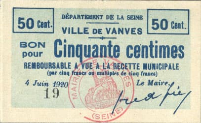Bon de 50&nbsp;centimes - n�&nbsp;19 - 4 Juin 1920 - de la Ville de Vanves (Hauts-de-Seine - 92) - face