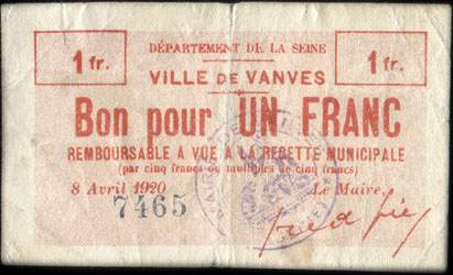 Bon de 1&nbsp;franc - n�&nbsp;7465 - 8 Avril 1920 - de la Ville de Vanves (Hauts-de-Seine - 92) - face