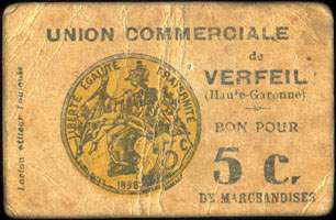 Bon pour 5 centimes de marchandises - Union Commerciale de Verfeil - Verfeil (Haute-Garonne - 31) - face
