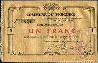Bon Municipal de un franc - Commune du Verguier - Délibération du Conseil Municipal du 14 juin 1915 - face