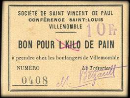Bon pour 1 kilo de pain surchargé 10 francs - Société de Saint-Vincent-de-Paul - Conférence Saint-Louis - Villemomble (Seine-Saint-Denis - 93) - face