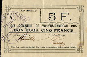 1915 - Commune de Villers-Campeau 1915 - Bon pour 5 francs - 6ème série - face