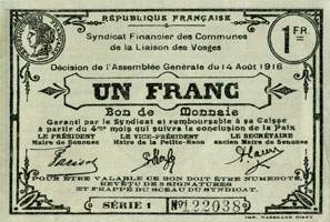 Bon de Monnaie - Un franc - Syndicat Financier des Communes de la Liaison des Vosges - Décision de l'Assemblée Générale du 14 Août 1916 - face