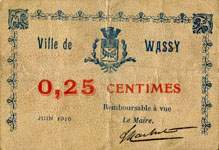 Ville de Wassy - Juin 1916 - 25 centimes - face