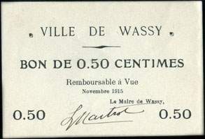 Ville de Wassy - Novembre 1915 - 50 centimes - face