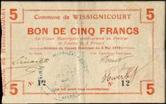 Commune de Wissignicourt - Décision du Conseil Municipal du 5 mai 1915 - 5 francs - face