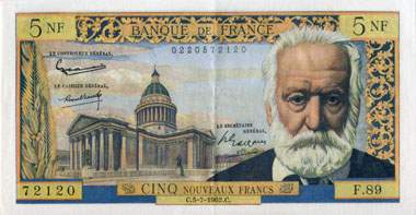 Billet de 5 francs VICTOR HUGO - Du 5 mai 1966 au 8 janvier 1970 - face