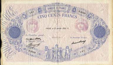 Billet de 500 francs ROSE ET BLEU - Du 2 novembre 1988 au 10 juin 1937 - face