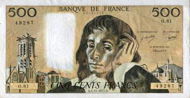 Billet de 500 francs PASCAL - Du 4 janvier 1968 au 2 septembre 1993 - face