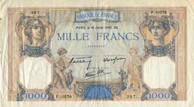 Billet de 1000 francs CERES ET MERCURE modifi - Du 8 juillet 1937 au 18 juillet 1940 - face