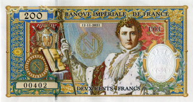 Billet fantaisie 200 francs de la Banque Impriale de France dat 12-11-2021 - srie U03 - n 00402 - oeuvre de Franck Medina - face