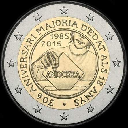 Andorre 2015 - 30ème anniversaire de la fixation de la Majorité à 18 ans - 2 euro commémorative