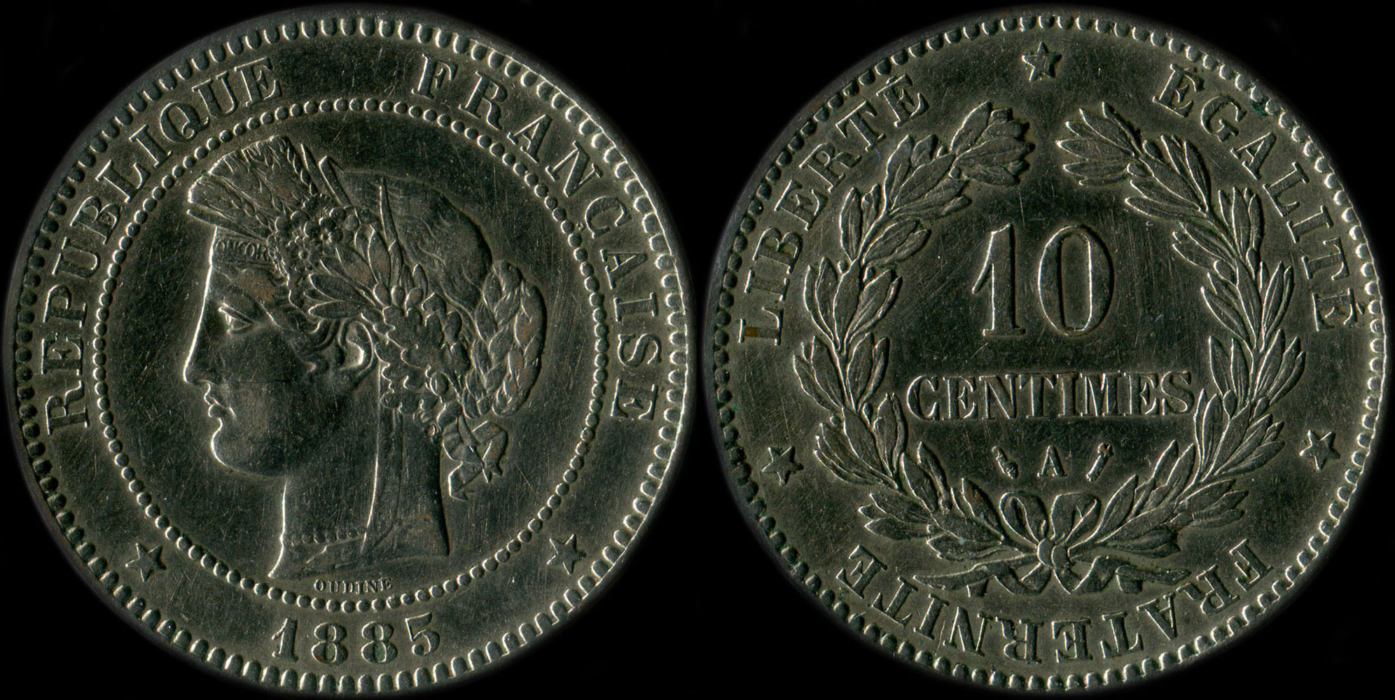 Pièce de 10 centimes 1885A Cérès variante nickelée