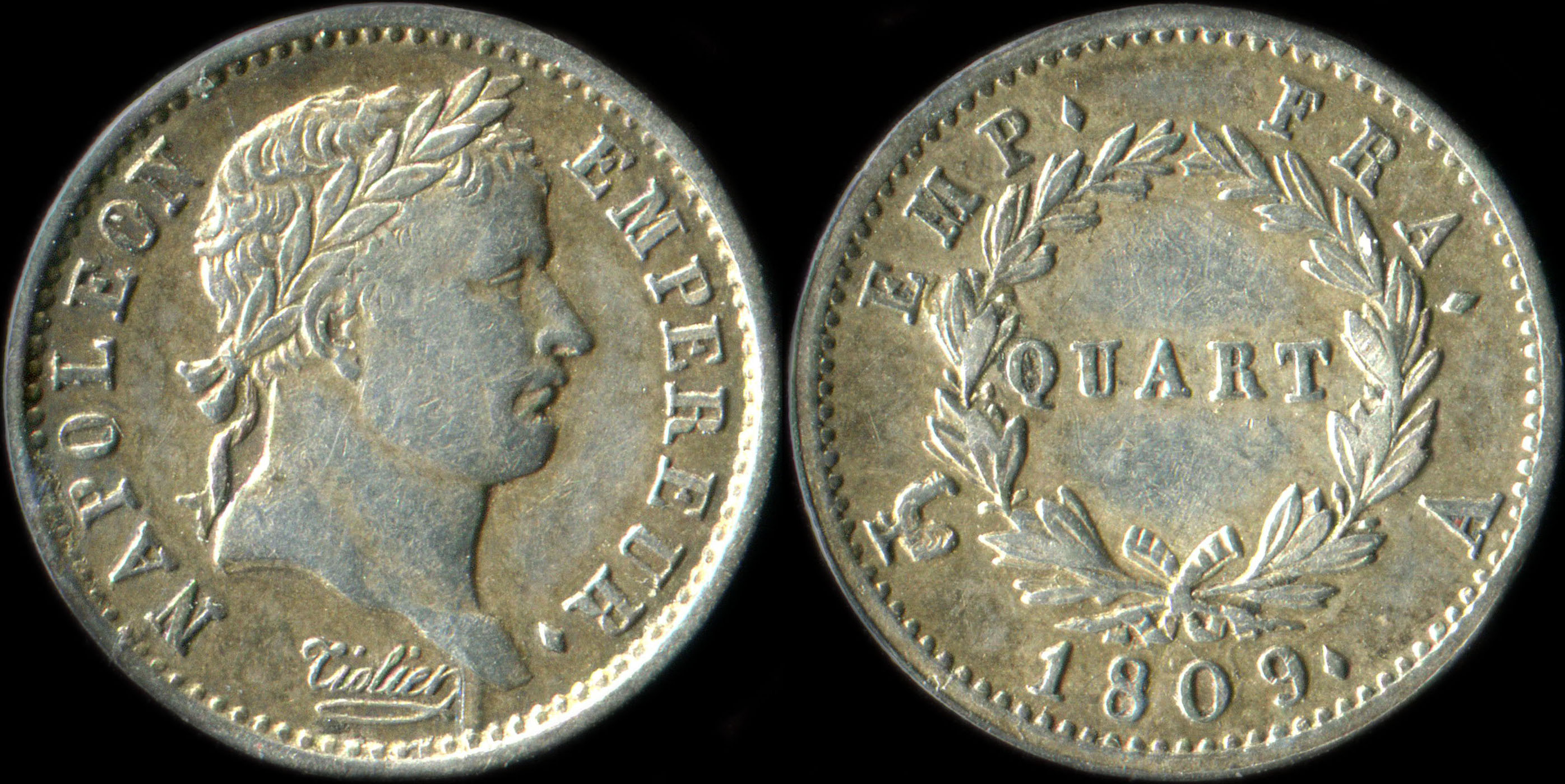 Pice de ¼ franc Napolon Empereur revers Emp. Fra. 1809A