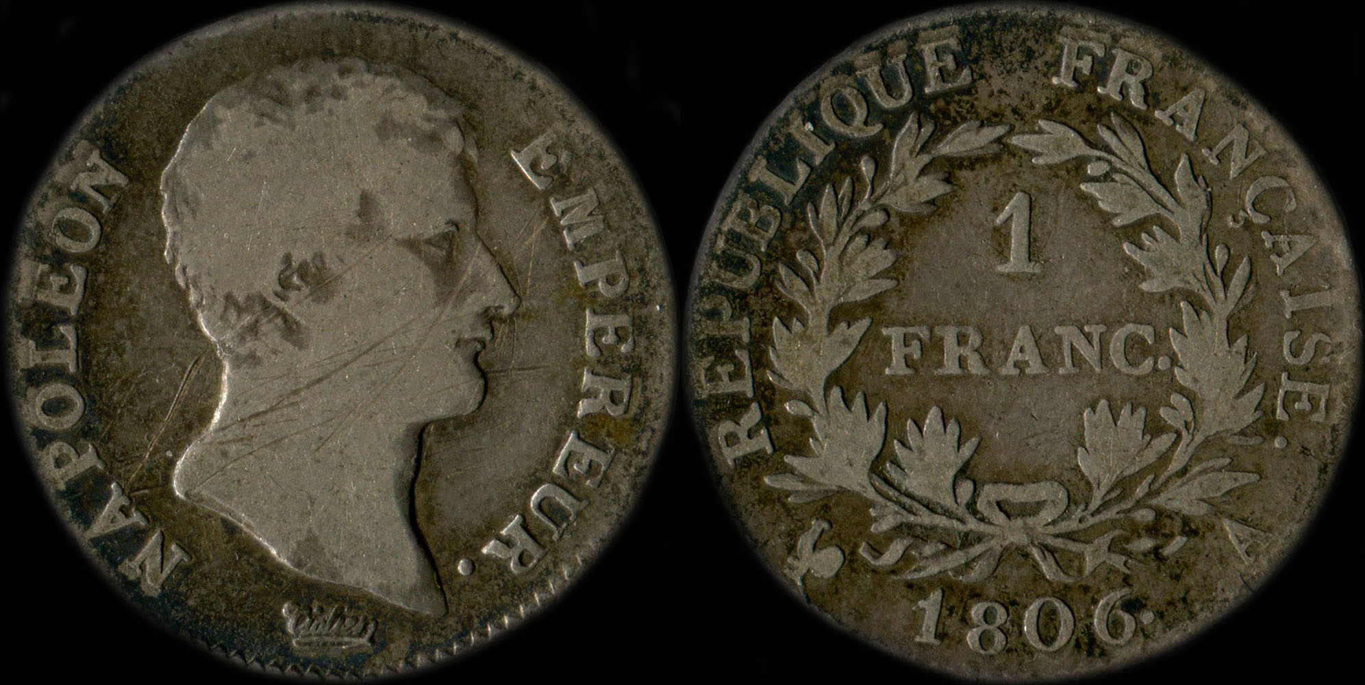 Pièce de 1 franc Napoléon Empereur tête nue 1806A