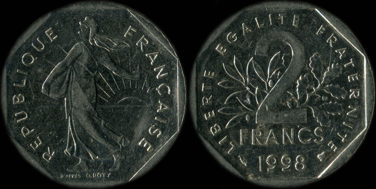 Pice de 2 francs Semeuse 1998 avec point entre O et ROTY