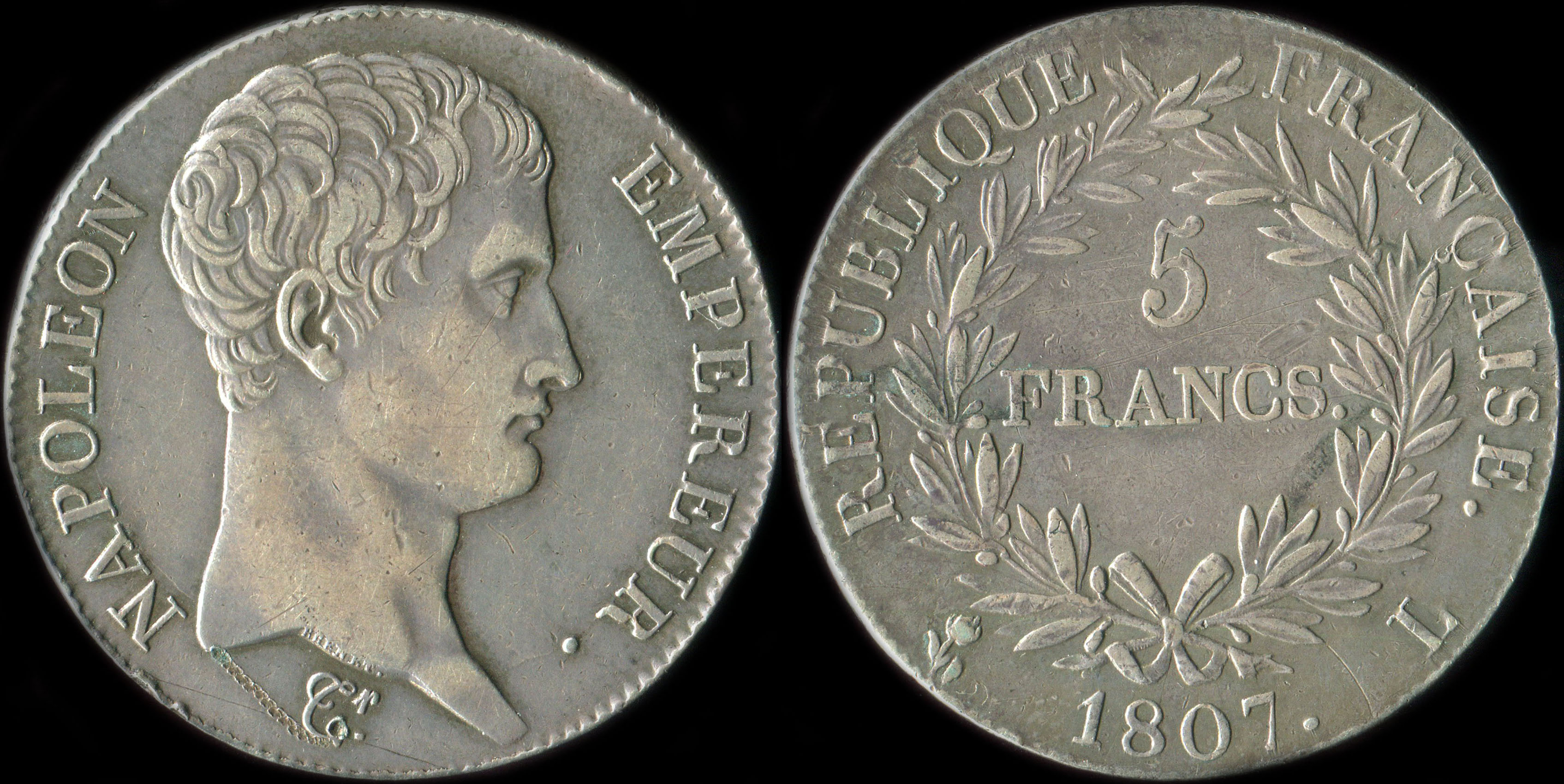 Pièce de 5 francs Napoléon Empereur 1807L