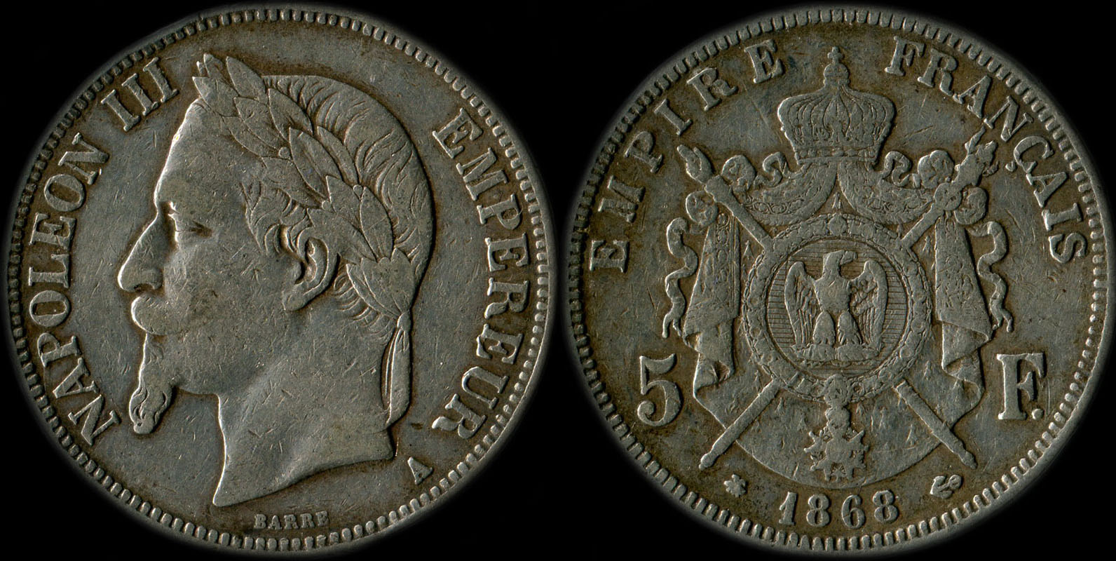 Pièce de 5 francs Napoléon III tête laurée 1868A