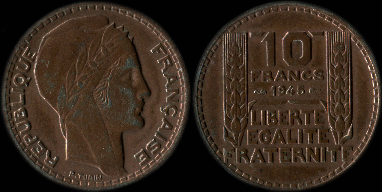 Pice de 10 francs Turin  grosse tte 1945 avec rameaux courts