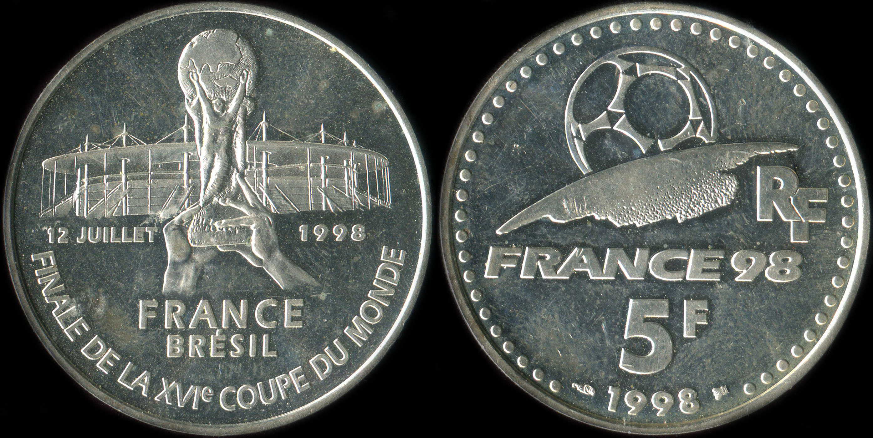 Pice de 5 francs 1998 - Finale de la XVIe Coupe du Monde - France-Brsil - 12 juillet 1998