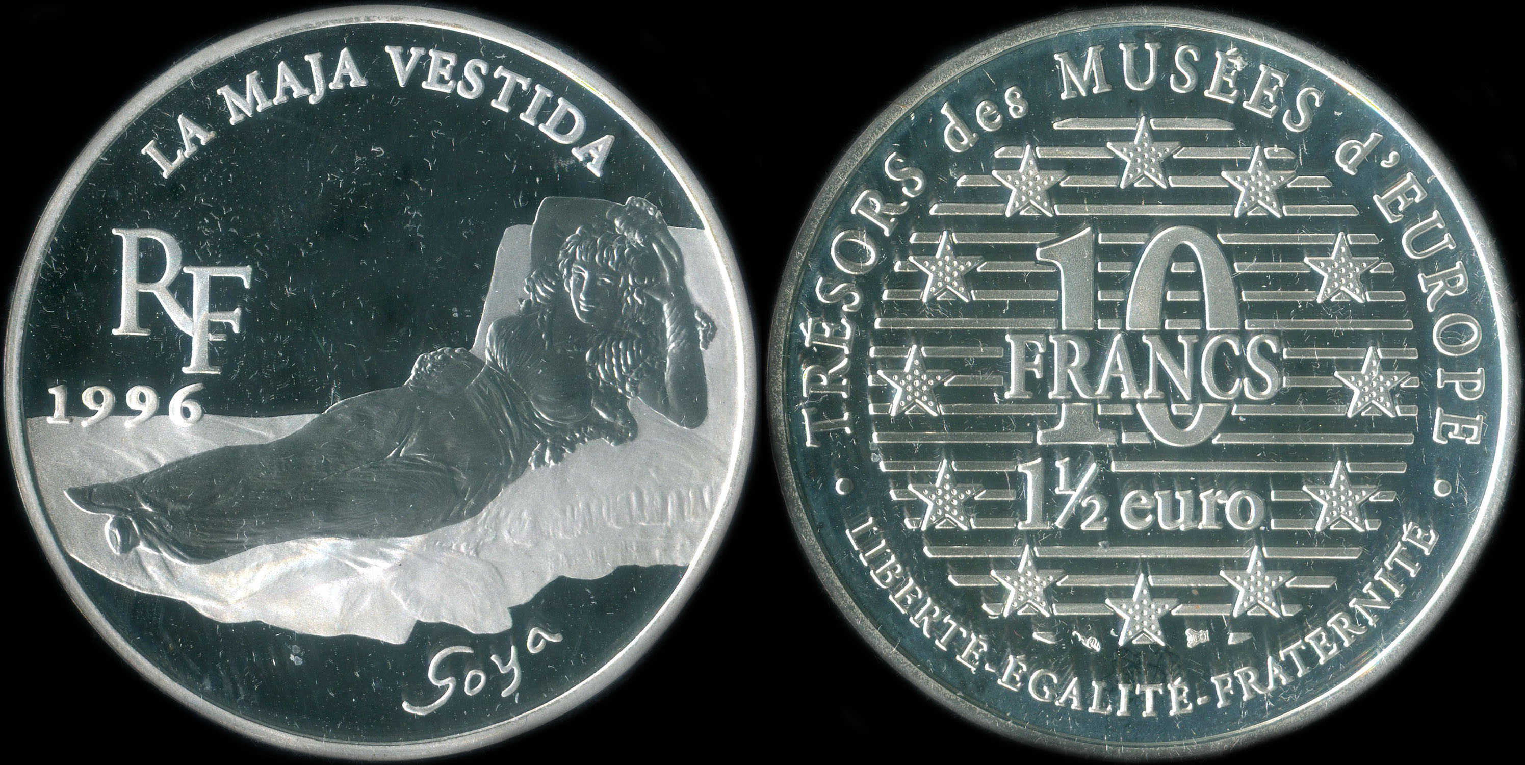 Pice de 10 francs - 1  euro 1996 - Trsors des Muses d'Europe - La Maja Vestida par Francisco de Goya