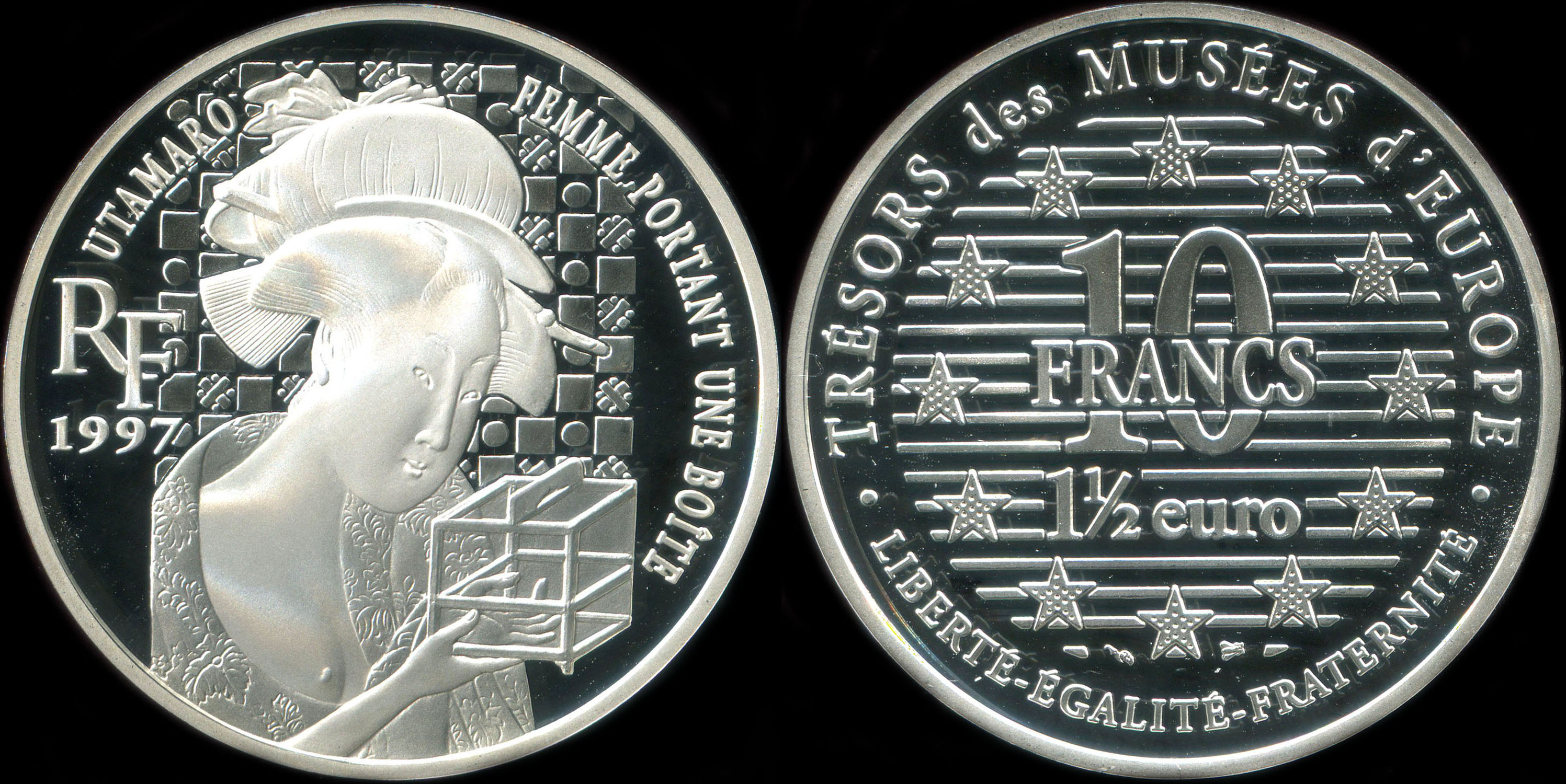 Pièce de 10 francs - 1 ½ euro 1997 - Trésors des Musées d'Europe - Femme à la Boîte par Kitagawa Utamaro (Musée Guimet à Paris)