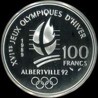 Pièce de 100 francs 1989 - XVIes Jeux Olympiques d'Hiver - Albertville 92 - Patinage artistique - Lac du Bourget - revers