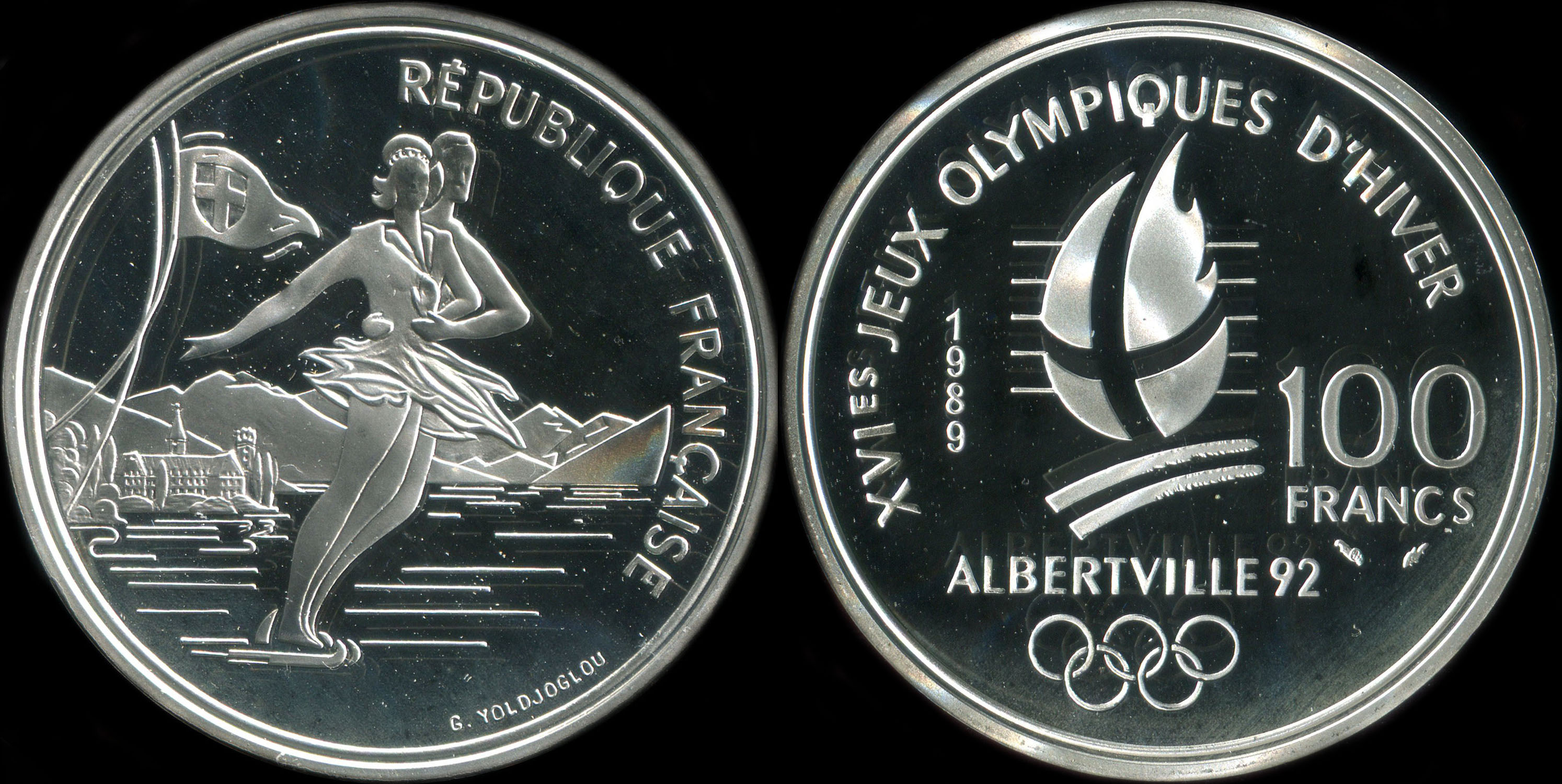 Pièce de 100 francs 1989 - XVIes Jeux Olympiques d'Hiver - Albertville 92 - Patinage artistique - Lac du Bourget