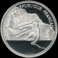 Pièce de 100 francs 1989 - XVIes Jeux Olympiques d'Hiver - Albertville 92 - Ski Alpin - Descente devant le Mont-Blanc - avers