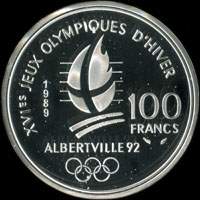 Pièce de 100 francs 1989 - XVIes Jeux Olympiques d'Hiver - Albertville 92 - Ski Alpin - Descente devant le Mont-Blanc - revers